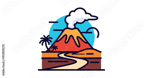 Vibrant Volcano Illustration with Palm Tree and Winding Path.