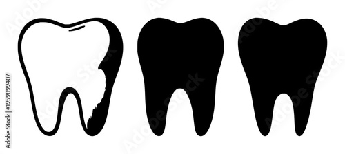 Tooth silhouette set with bold outline style featuring dental, anatomy, medical illustrations with teeth and oral health care