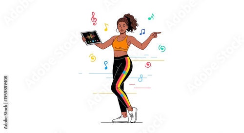 Young Woman Dancing with Laptop and Music Notes.