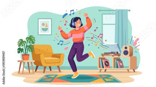 Young woman dancing joyfully with headphones on.