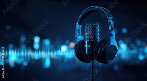 A close-up view of a microphone with headphones, set against an abstract backdrop of sound waves. Blue hues dominate