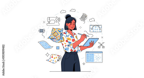 Young woman designer creating digital art with stylus and tablet.