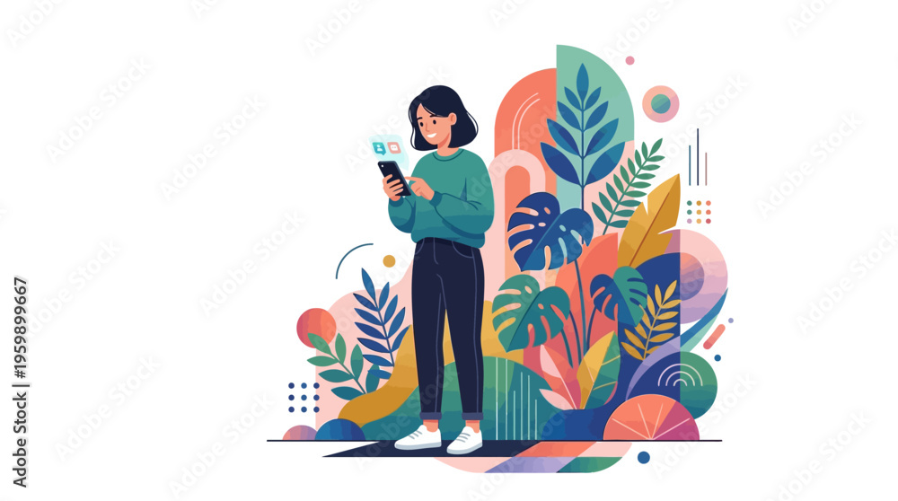 Fototapeta premium Young Woman Engaged with Smartphone Amidst Lush Foliage.
