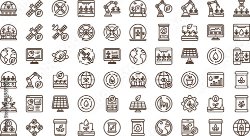 Sustainable technology and renewable energy line icon set with solar panels satellites robotics agriculture analytics symbols