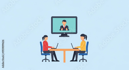 Virtual Meeting Illustration - Two Women and a Man on Screen.