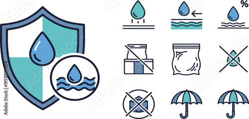 Waterproof and Water Protection Icon Set with Shield Drops Umbrella and Moisture Resistant Symbols for Weather Safety Design and Product Packaging Graphics