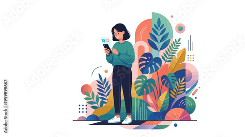 Young Woman Engaged with Smartphone Amidst Lush Foliage.