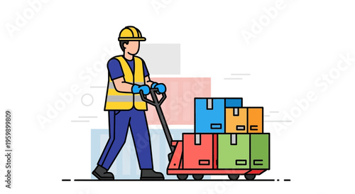 Warehouse worker moving boxes with pallet jack.