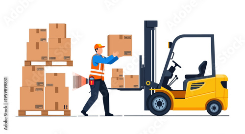Warehouse worker operating forklift loading boxes.
