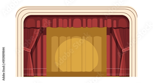 Theater stage with red curtains and spotlight.