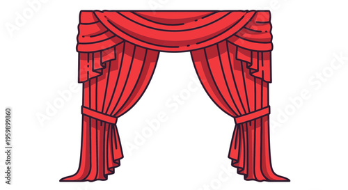 Red curtain with decorative folds and tassels.