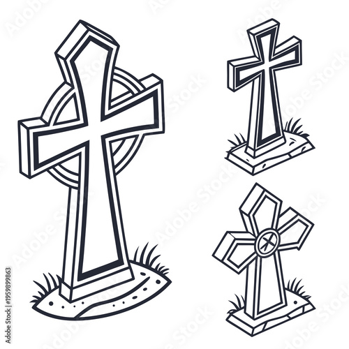 A set of three different cross grave markers