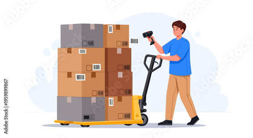 Warehouse worker scanning boxes with barcode scanner and pallet jack.