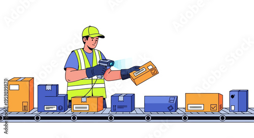 Warehouse worker scanning package on conveyor belt.