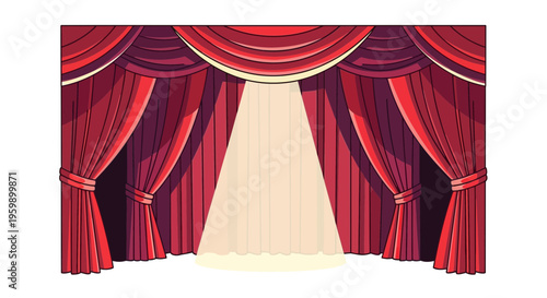 dramatic red curtains opening to reveal stage.