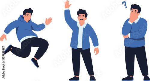 Three cartoon men in blue shirts with different emotions and gestures on white background