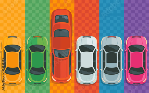 Colorful cars in a row on rainbow background.
