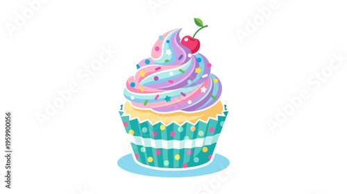 Whimsical Cupcake with Swirled Frosting and Cherry Topping.