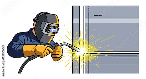 Welder working with welding torch creating sparks.