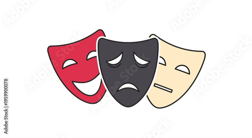 Theatrical masks in red, black, and beige.