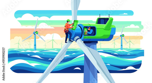 Wind Turbine Maintenance Workers Inspecting Nacelle.