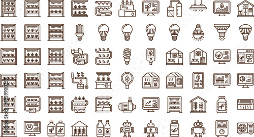Vertical farming technology line icon collection with hydroponic systems grow lights greenhouse automation indoor agriculture equipment symbols