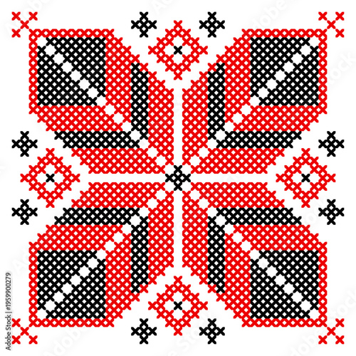 Ukrainian Vyshyvanka embroidery element, red and black cross stitch ornament isolated on white