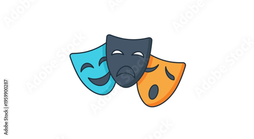 Theatrical masks in blue, black, and orange.