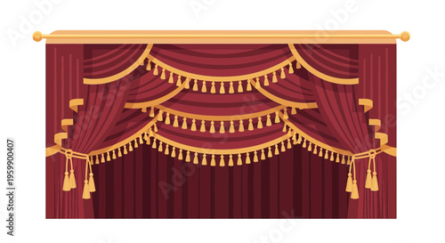 Theatrical red curtain with golden tassels.