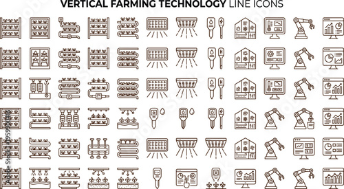 Vertical farming technology line icon set with hydroponic systems grow lights sensors greenhouse automation agriculture symbols