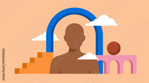 Abstract vector illustration of a bronze silhouette statue beside a blue arch and ancient steps in warm peach tones