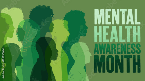Diverse silhouettes in varying green tones forming a Mental Health Awareness Month banner for an awareness campaign