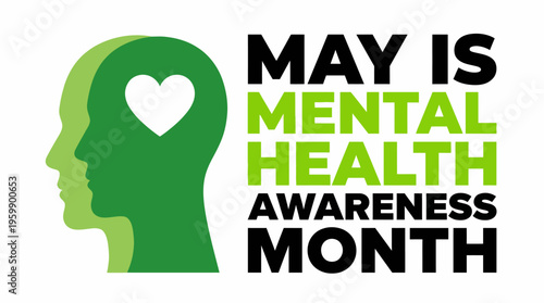 May is Mental Health Awareness Month logo featuring a green profile silhouette with a heart symbol