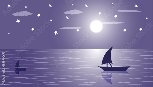 Moonlight sea landscape with sailing boat and starry night sky calm ocean reflection scene vectorart