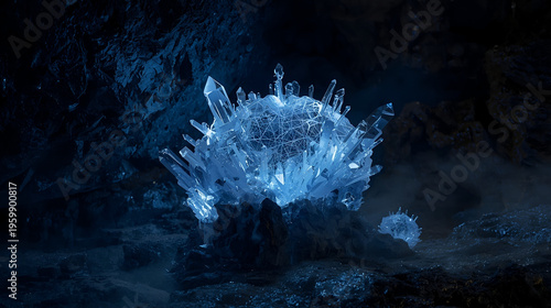 Glowing geometric glass brain in underground cave, sci fi technology neuroscience concept