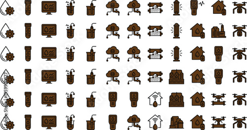 Water quality monitoring and environmental technology line icon set with sensors analytics drones smart infrastructure