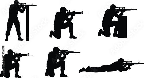 Rifle Shooting Stance Silhouette Illustration Vector Featuring Marksmanship Training Design, Tactical Symbol, and Marketplace Success for Creative Projects
