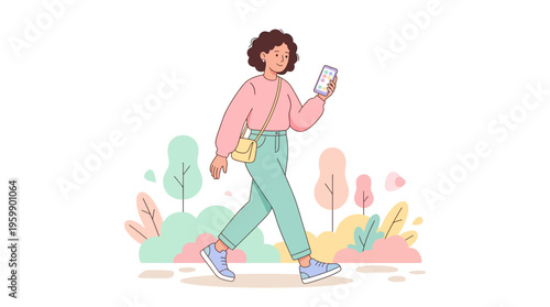 Young woman walking with smartphone in park.