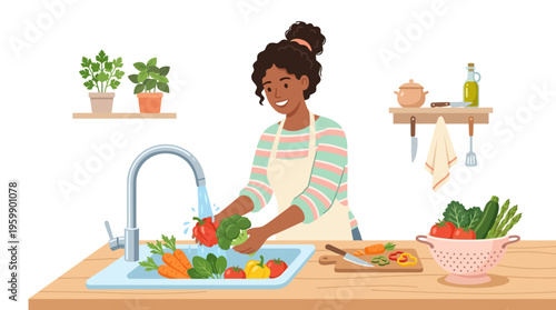 Young woman washing fresh vegetables in kitchen sink.