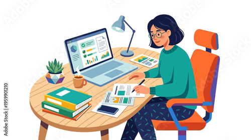Young woman working diligently at her desk with laptop and papers.