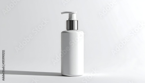 A single white cylindrical lotion bottle with a silver pump and long shadow on a bright white background