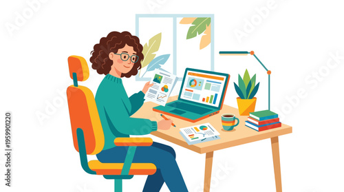 Young woman working diligently at her desk with laptop and papers.