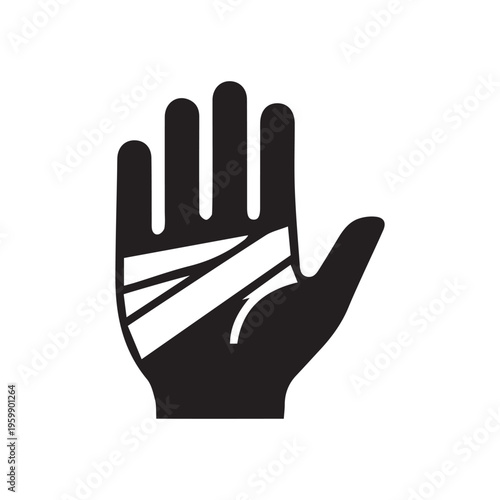 Healthcare icon showing a bandaged human hand, signifying injury, pain relief, or recovery process. Medical symbol representing first aid and healing
