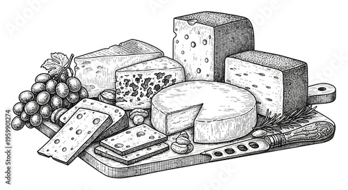 Assortment of various cheeses and grapes on a wooden board.