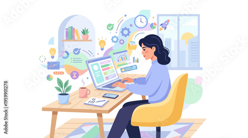 Young woman working diligently on her laptop at a desk.