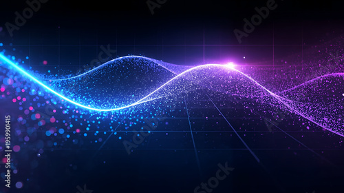 Glowing blue purple digital particle wave with grid perspective, futuristic big data technology background