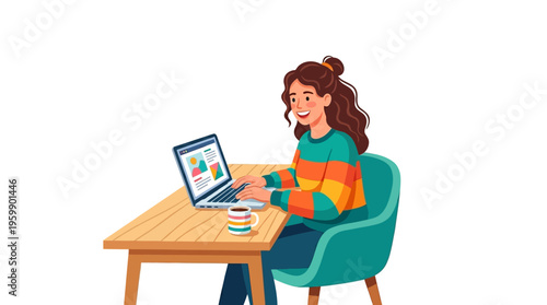 Young woman working on laptop at desk.