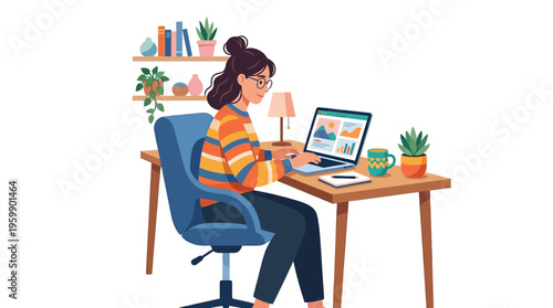 Young woman working on laptop at desk illustration.