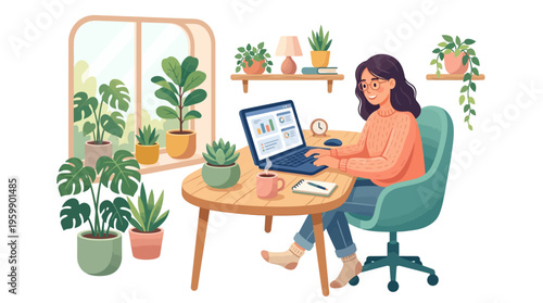 Young woman working on laptop at desk surrounded by plants.