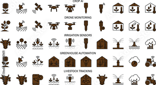 Agriculture AI monitoring icon set with crop sensors drones irrigation greenhouse automation and livestock tracking technology